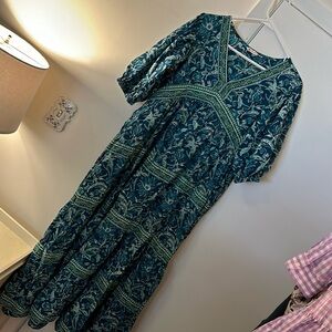 Jaipur morning L Indian block print maxi dress blue green floral tiered